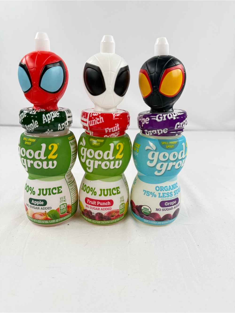 Rare! limited edition Good 2 Grow Spider-Man Juice Toppers with Bottles
